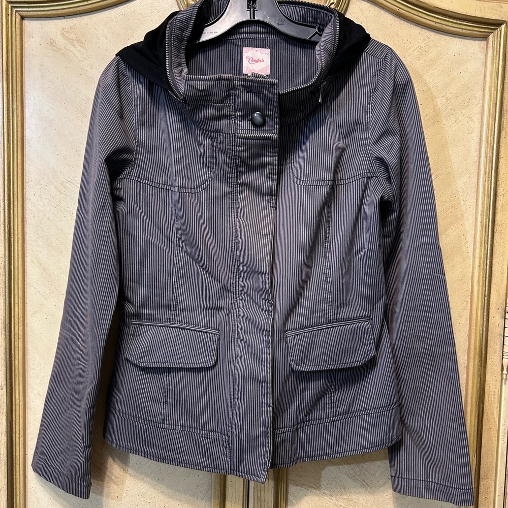 Candie’s Black & Gray Pin Stripe Zip Front Hidden Hooded Tie Back Jacket